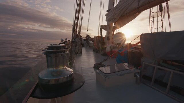 Expeditional sailing vessel moves in the open ocean