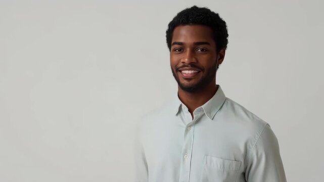 Smiling Young Adult Man in Shirt Adjusting Collar for Confident Studio Portrait Cheerful Expression