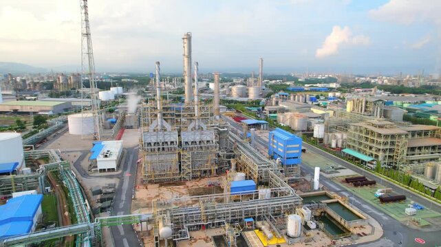 Aerial view of a big industrial plant with tall towers, storage tanks. 