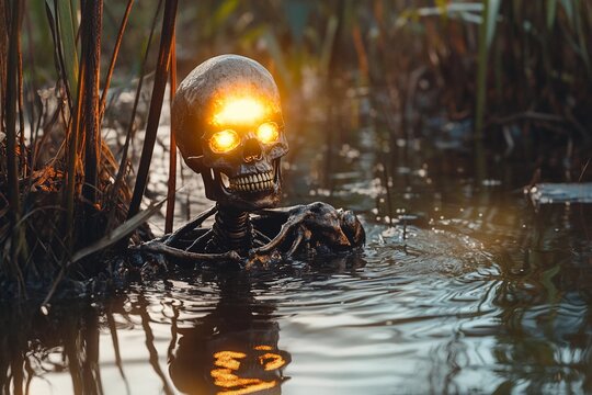 Skeletal figure rises from swamp waters with glowing eyes in dark setting