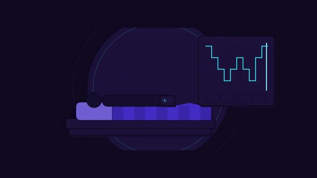 Abstract animated sleep stage tracker drawn as blue and cyan lines and shapes on a deep dark background. Seamless looping 4K motion graphics video with free space for text, ideal for medical explainer