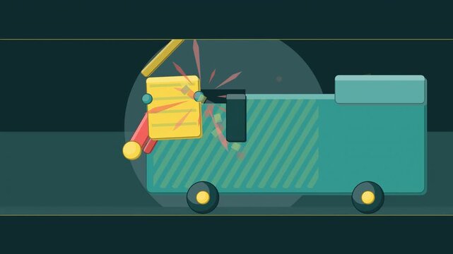 Abstract animated refuse truck lifter drawn as cyan and teal lines and shapes on a deep dark background. Seamless looping 4K motion graphics video with free space for text, ideal for sustainability re