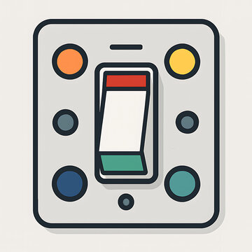 A flat vector icon depicts a toggle switch surrounded by colorful circular buttons.
