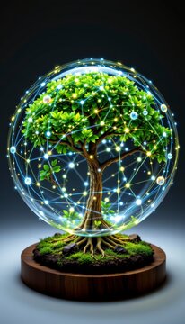 Transparent network globe containing organic bioluminescent data fiber roots appears in a clean premium ecosystem presentation