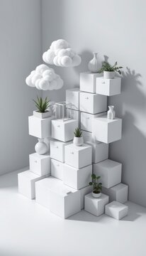 White storage blocks integrated with a floating cloud grid are displayed from a clean premium creative isometric perspective
