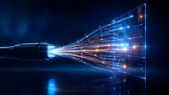 Fiber Optic Cable Connector Splitting Into Glowing Light Data Streams And Network Grid