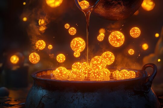 Golden syrup pouring from a jug into a dark cauldron transforming into glowing magic orbs