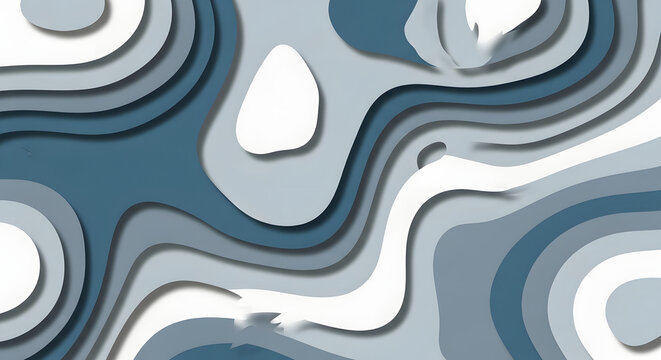 Abstract paper cut background with blue wavy layers, 3D topographic map style, modern fluid papercraft texture for web design