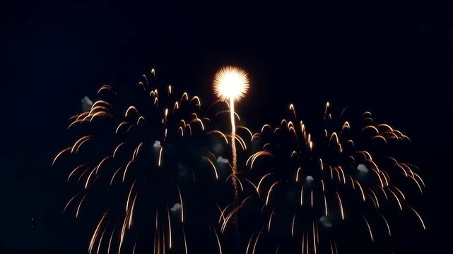 Golden Fireworks Burst Across Night Sky During Celebration With Sparkling Golden Light Trails