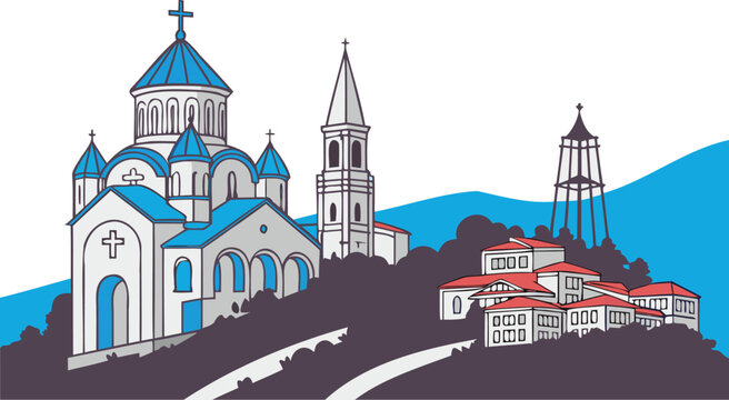 Panoramic Tbilisi skyline and landmark vector illustration for travel souvenirs
