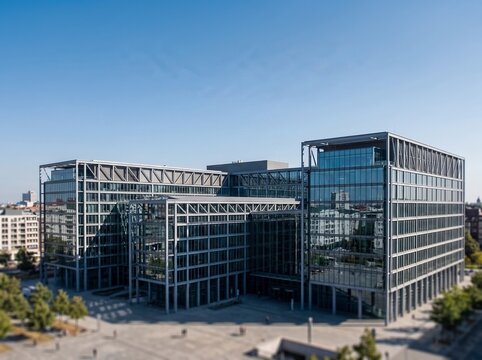 Modern commercial office building complex with glass facade and steel architecture under clear blue sky.
