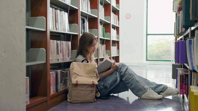 Caucasian young woman sitting on floor, study in the university library. 