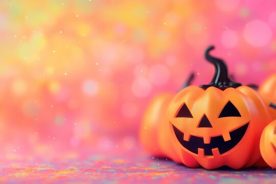 Spooky halloween background with glowing carved pumpkins in witch hats against pink bokeh sky