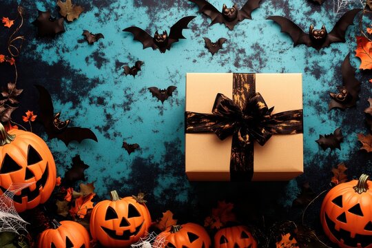 Halloween background flat lay with craft gift box black bow orange pumpkins and flying bats