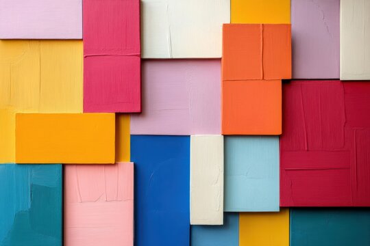 Abstract geometric background with colorful textured square blocks of different sizes wall