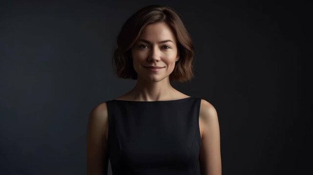 Woman Portrait of Mature Asian Adult Brunette with Short Hair in Black Dress Against Dark Background