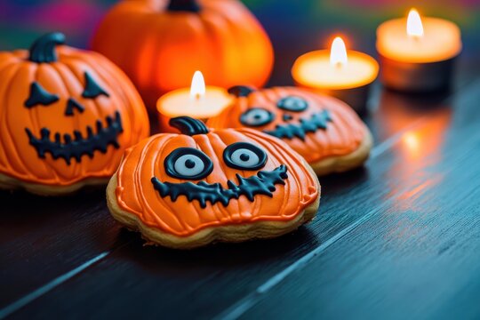 Spooky halloween background with pumpkin shaped cookies gingerbread treats and burning candles