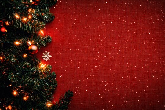 Christmas background with decorated xmas tree and glowing lights frame on color layout