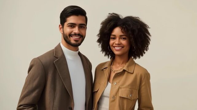 Couple Smiling Together in Stylish Casual Clothing Against Neutral Background Romantic Connection
