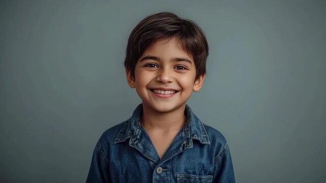 Smiling Boy Portrait Wearing Denim Jacket in Gray Studio Background as Happy Child Outfit Content