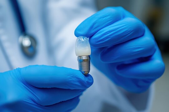Modern clean dental implant held in doctor hands wearing blue gloves view