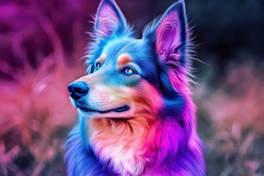 A colorful dog with glowing neon vibrant fur and bright eyes view