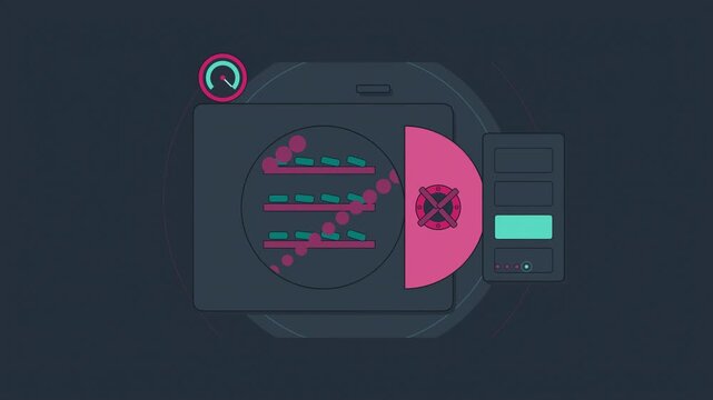 Abstract animated autoclave sterilisation drawn as violet and blue lines and shapes on a deep dark background. Seamless looping 4K motion graphics video with free space for text, ideal for science com
