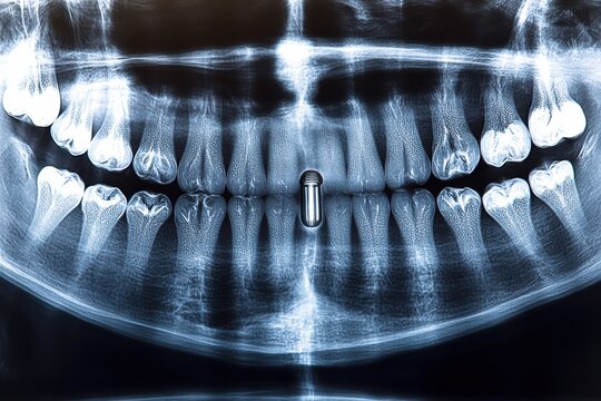 Panoramic dental x-ray image showing teeth set with a highlighted implant