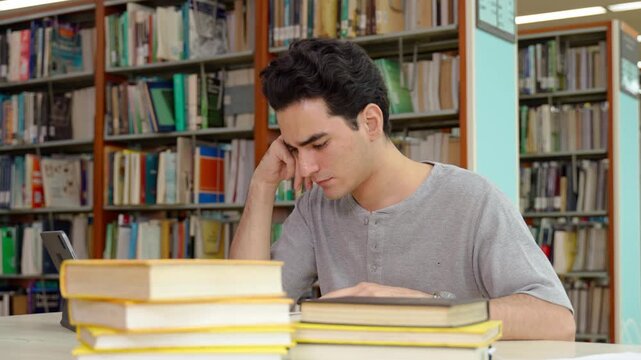 Caucasian young man studies at a table in a quiet university library.