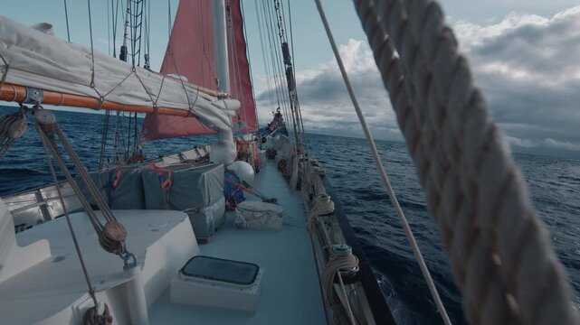 Expeditional sailing vessel moves in the open ocean
