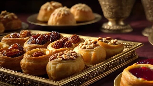 Pastry Dessert with Dried Fruit, Pistachio, Walnut, and Nut Topping on Ornate Baked Tray