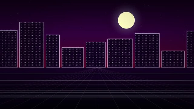 Retro synthwave cityscape with glowing moon and neon grid floor at night