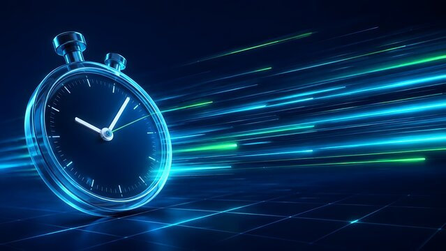 Digital Stopwatch Timer Against High Speed Blue And Green Neon Light Streaks