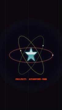 Blue star center with atomic orbital ring graphics.