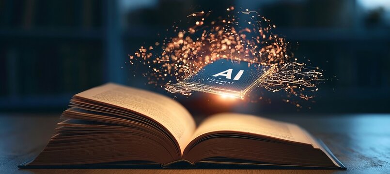 Conceptual depiction of artificial intelligence education with a glowing chip above open book pages.