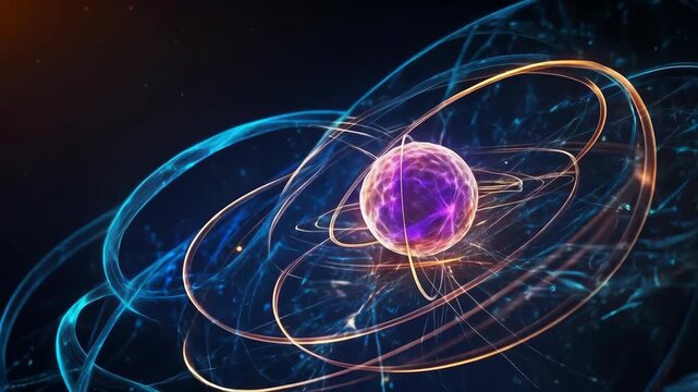 Glowing Atom with Colorful Energy Orbit in Abstract Plasma Space Art