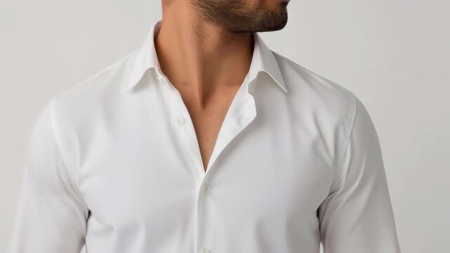 White Shirt Open Collar Clothing Bearded Male Torso, Studio Portrait with Cropped Face and Tailored