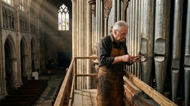 Senior Pipe Organ Maker Fine-Tuning Historic Church Organ Pipes in Cathedral