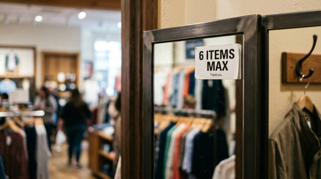 Fitting room mirror with six items maximum sign in clothing store