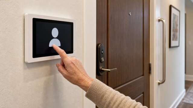 Older adult hand using a textless indoor video doorbell monitor, ideal for visitor screening, smart home security and aging in place