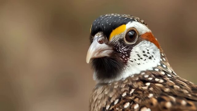 Quail Bird Portrait with Spotted Plumage, Alert Wildlife Closeup Against Blurred Background
