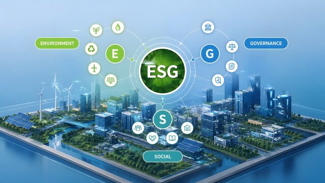 ESG Environmental Social And Governance Infographic Dashboard Over Futuristic Eco City Model
