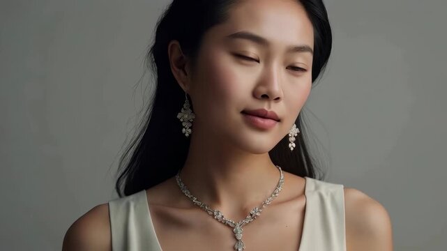Asian woman in elegant jewelry and white dress, thoughtful expression, calm female studio portrait