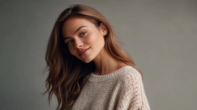 Young adult woman with long brown hair serene soft light studio portrait wearing textured knit
