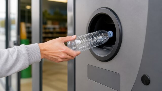 Reverse vending intake receiving one plain plastic bottle for deposit recycling, for repair, reuse, recycling and sustainable consumption