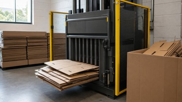 Flattened ecommerce cartons entering a cardboard baler, ideal for circular economy, repair culture, reuse systems and waste reduction