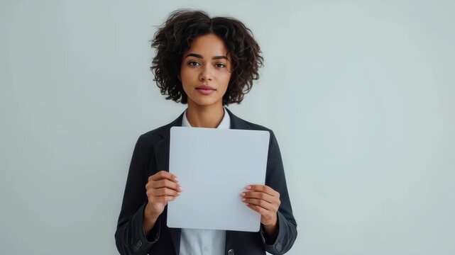Woman Holding Blank Paper Document Formal Jacket, Confident Business Portrait with Calm Expression