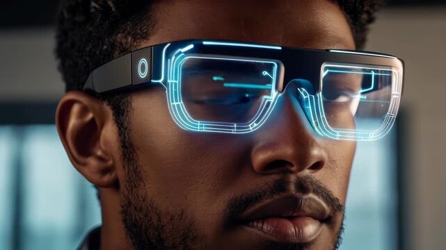 Futuristic Eyeglass Man Exploring Blue Light Technology in Modern Indoor Setting