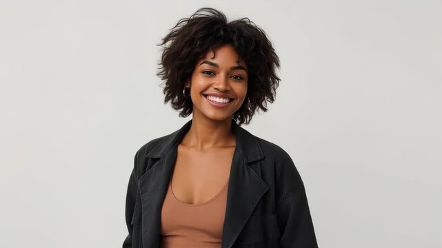 Smiling Woman Portrait with Curly Hair Wearing Black Jacket and Brown Shirt in Studio Setting