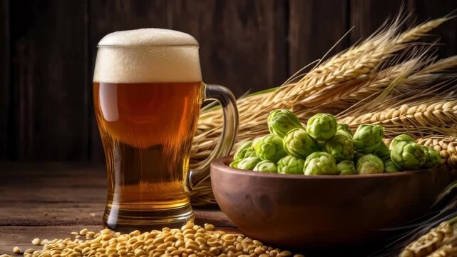 Amber Beer Glass with Hop Flower, Hop Cone, Barley Grain, Wheat and Rustic Wooden Table Setup